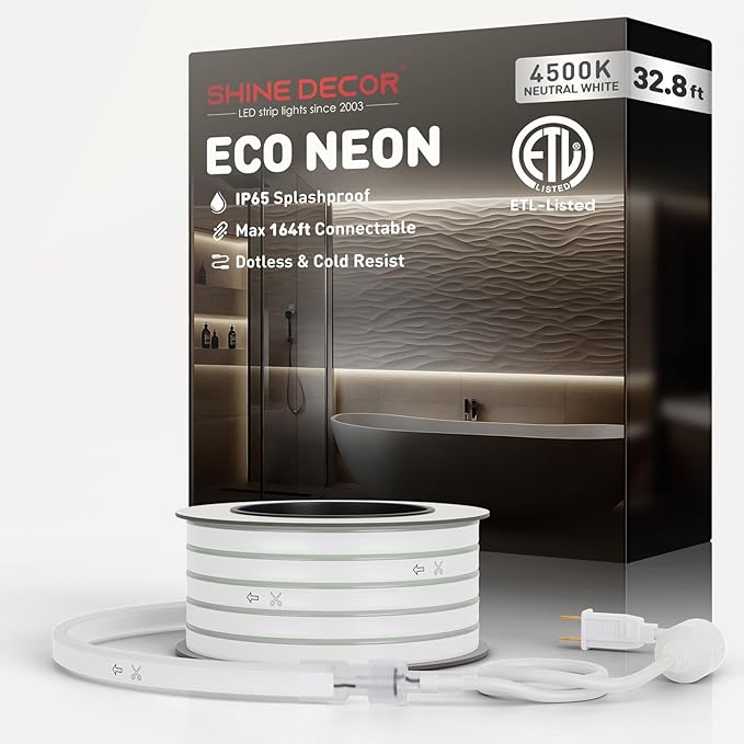Shine Decor LED Neon Rope Lights Connectable, 32.8FT Flexible AC110V 120V Neon LED Strip Lights(Daylight Cool White) Outdoor Waterproof, ETL Plug&Play Neon String Lighting 120LED/M for Home Commercial