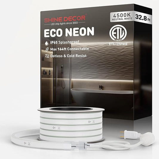 Shine Decor LED Neon Rope Lights Connectable, 32.8FT Flexible AC110V 120V Neon LED Strip Lights(Daylight Cool White) Outdoor Waterproof, ETL Plug&Play Neon String Lighting 120LED/M for Home Commercial