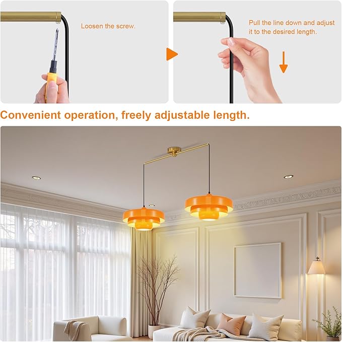 Industrial Vintage Adjustable 2-Light Pendant Light Kitchen Island, Brass Ceiling Hanging Light Fixture with Metal Shade for Dining Room, Living Room, Entryway, Easy to Install