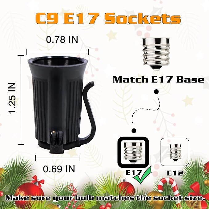 100FT C9 Light String Christmas Stringer, E17 Light Sockets 12" Spacing, C9 Stringer Set Black Outdoor String Light Strand for Wedding Patio Event Lighting Decor, Black Wire
