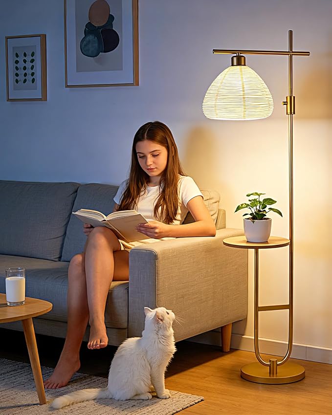66IN Dimmable Gold Floor Lamps with Storage Table, Modern Standing Tall Lamp with Milky White Lampshade, Cross-Shaped Lamp Head and U-Pole Base Style for Living Room/Bedroom