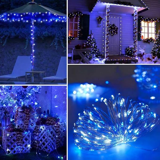 YEGUO 4 Pack Blue and White Solar Fairy Lights, Each 33ft 100 LED Christmas Lights Outdoor Waterproof, 8 Modes Sliver Wire Solar String Lights