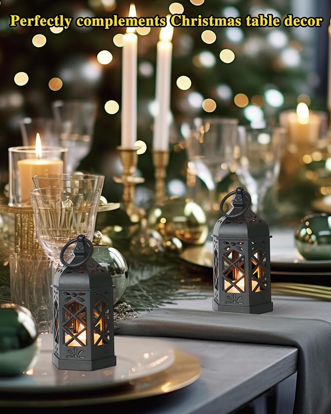 8-Pack Mini Lanterns with Flickering LED Candles for Ramadan, Moroccan Decorative Hanging Lanterns for Halloween, Christmas, Wedding, Black Lantern for Table Centerpiece, Home & Party Decor