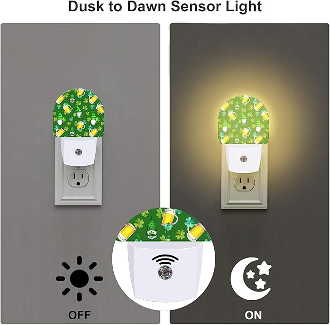 Saint Patrick Day Gnomes and Clovers Night Light Plug into Wall,Irish Shamrock and Gnomes Dusk to Dawn Night Light,0.5w Energy Saving Sleep Friendly Nightlights for Kids Boys Girls Home