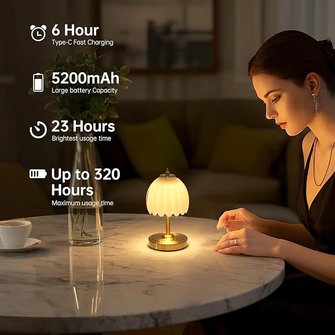 Tulip Small Table Lamp, 5200mAh Cordless Touch Control Mini Table Lamp with 3 Color Temps & Stepless Dimming, Perfect for Small Spaces Like Dressers, Bedsides, Bookshelves (White Tulip)