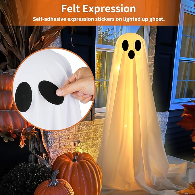 Halloween Decorations Outdoor -DIY 2PCS Large Lighted White Cloth Ghosts-Cute Ghosts with 30 LED String Lights-Light Up Holiday Party Home Porch Yard Decorations