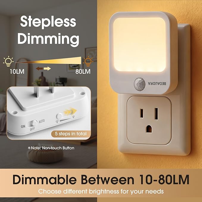 Plug-in Motion Sensor Lights with Adjustable Brightness, Warm White Motion Activated Led Night Light for Bedroom, Bathroom, Stairs, Hallway, Living Room, 2 Pack