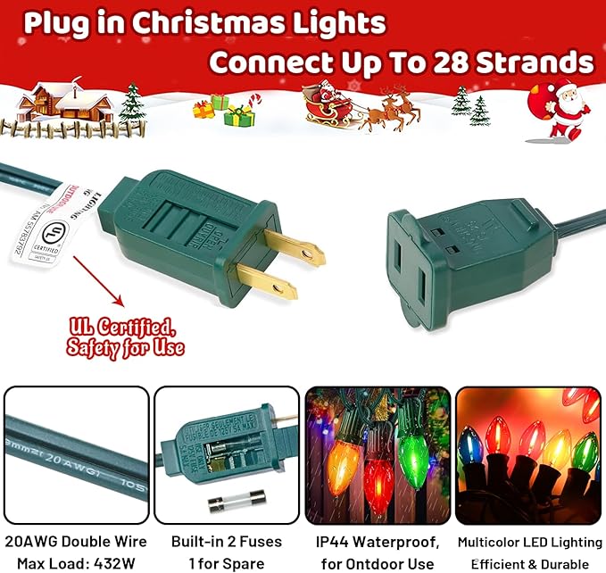 C7 Multicolor LED Christmas Lights Outdoor, 25Ft LED Colored Christmas Tree Lights Waterproof with 25+2 LED Bulbs for Indoor Outdoor Christmas Decorations for Light up Christmas Tree Home Yard, 0.6W