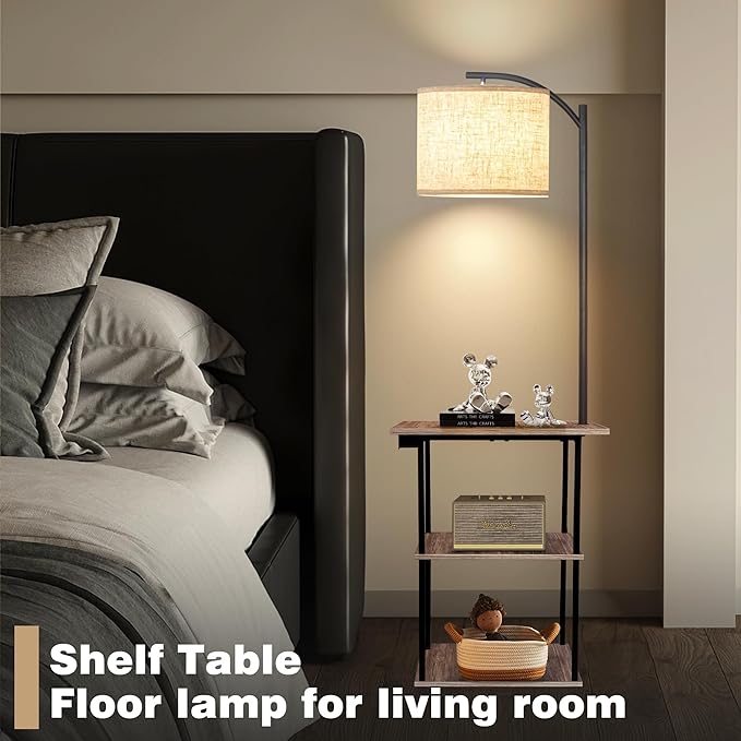 PESRAE Floor Lamp with Table,Lamps for Nightstand with Charging Station(USB & Type-C & AC Port), 3 Color Temperatures 9W LED Bulb, Modern Shelves Side Table for Bedroom, Office