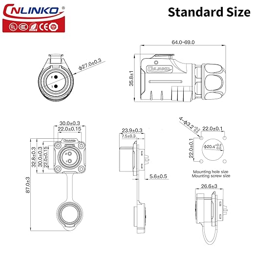 CNLINKO LP-20 Industrial Waterproof Connector IP68 Circular Connector Quick Plugging Aviation Connector Anti-Interference Shell Fast Release Connector M20 2-12 Pin Flange Socket (3 Pin)