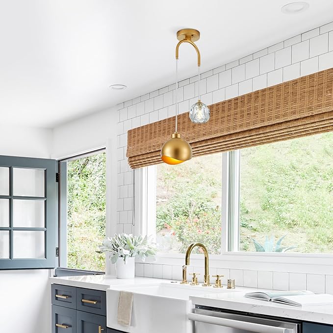 2 - Light Modern Pendant Light with Crystal Accent, Gold Pendant Light Hallway, Unique Hanging Light Fixture for Entryway Bedroom Kitchen Island