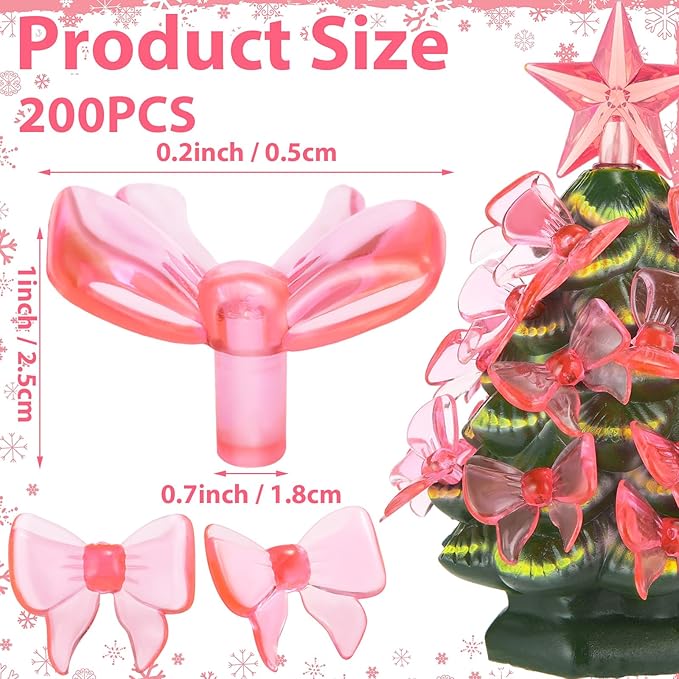 Soulchen 200 Pcs Ceramic Christmas Tree Replacement Lights Bulbs Acrylic Pink Bow Light Pegs Ornaments for Christmas Tabletop Ceramic Tree Decoration