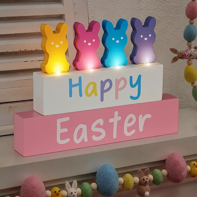 Bucherry Light up Happy Easter Sign Decorations Wooden Easter Bunny Decoration with LED Lighted for Table Pastel Farmhouse Spring Decor for Tiered Tray Shelf Decor for Home Living Room