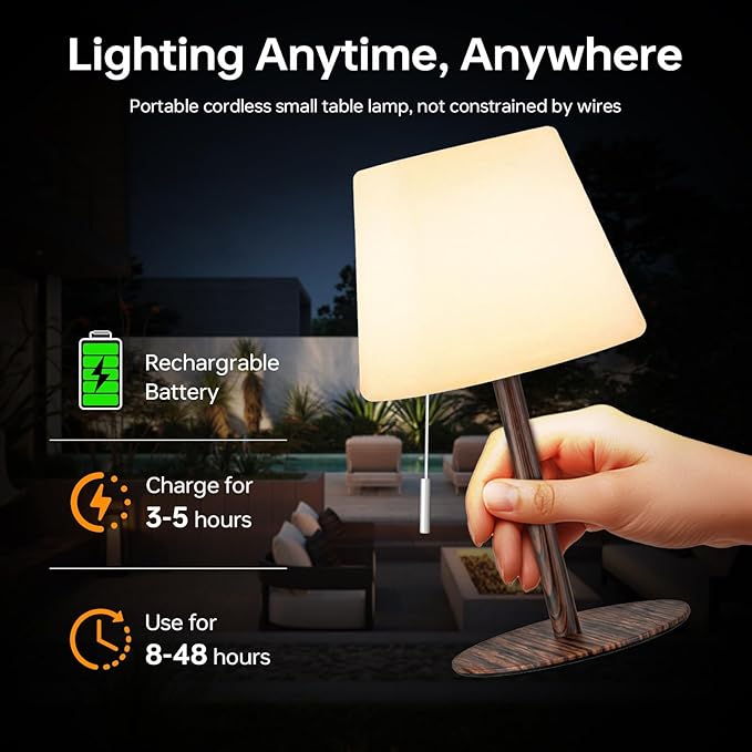 Shower Lamp Battery Operated Outdoor Table Lamps Cordless Waterproof LED Dimmable Warm White and RGB Table Lamps Rechargeable Lamp Outdoor Lamps for Patio/Bathroom（Wood Grain）