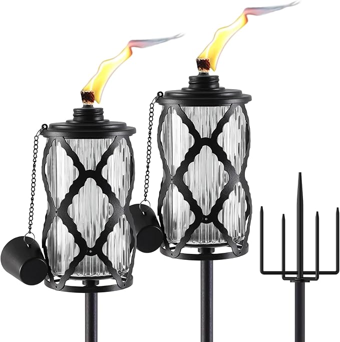 2 Pack Gray Glass Garden Torch ,59-Inch Outdoor Torch Garden Décor, Upgraded 16 oz Citronella Torches with 5-Prong Grounded Stake,Metal Light Torches for Party Patio Pathway