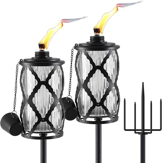2 Pack Gray Glass Garden Torch ,59-Inch Outdoor Torch Garden Décor, Upgraded 16 oz Citronella Torches with 5-Prong Grounded Stake,Metal Light Torches for Party Patio Pathway