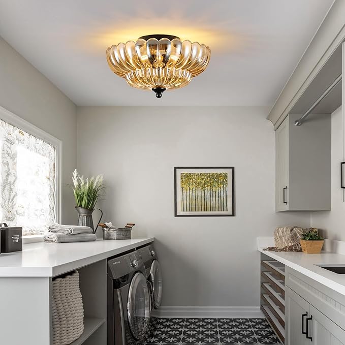 Modern Black Ceiling Light Fixture, 12" Amber Glass Flush Mount Chandeliers, Semi Flush Mount Ceiling Light Fixture Suitable for Living Room Hallway Kitchen Bedroom