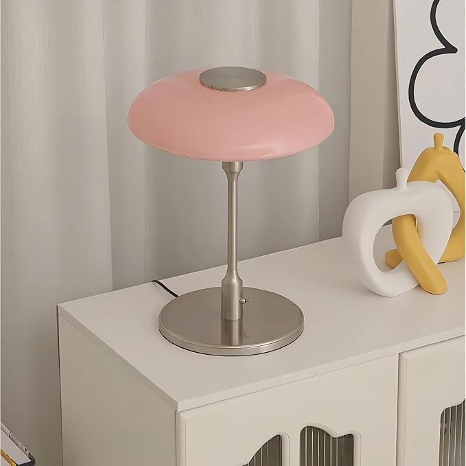 LIGHTLAND Nordic Medieval Table Lamp, Vintage Metal Glass Bedside Lamp with Toggle Switch and 3 Color Light Bulbs, Decorative Table Lamp for Study Bedroom Living Room (Pink+Chrome, 12.6 * 16.5 Inch)