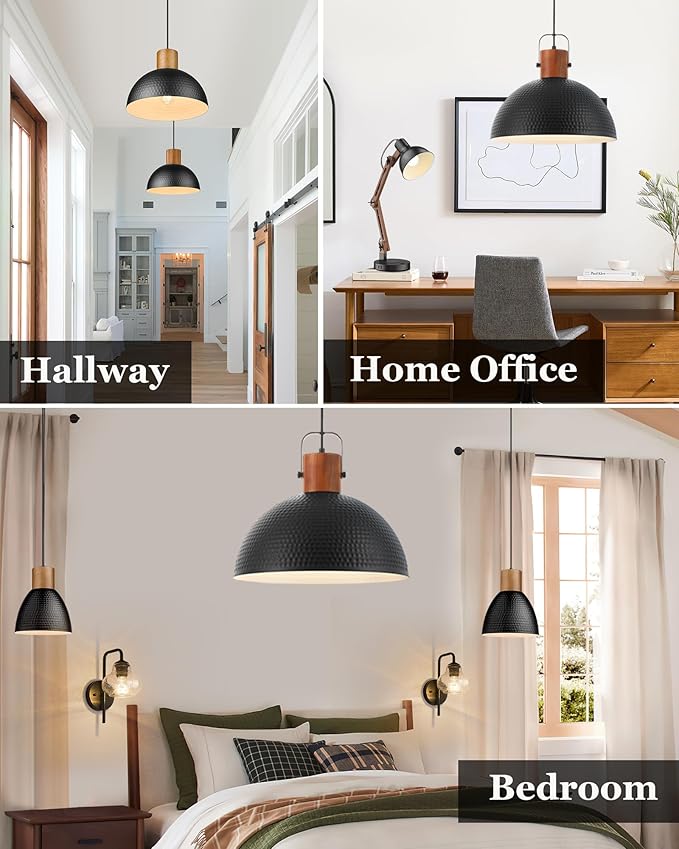 ELYONA 16 Inch Ash Wood Hammered Pendant Light Fixtures, Large Metal Dome Ceiling Hanging Lamp, Industrial Chandelier for Kitchen Island, Bar, Farmhouse, Dining Table, Hallway, Modern Black