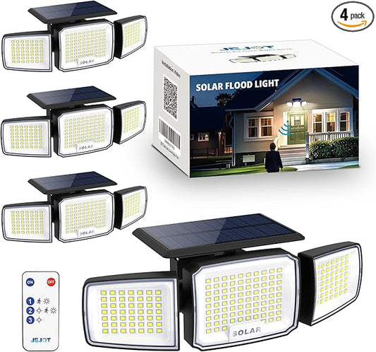 Solar Security Light Outdoor Super Bright LED, Motion Sensor Flood Light, 3 Heads 270° Wide Angle,Remote Control, IP65 Waterproof, 3 Modes (4 Packs)
