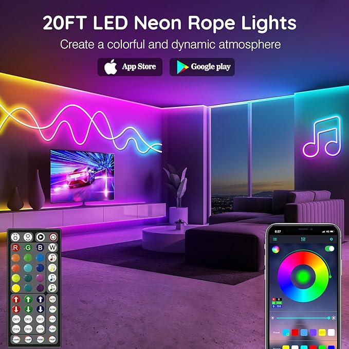 20Ft Neon Rope Lights,Flexible Led Rope Lights Control with App/Remote,Multiple Modes Rope Lights,IP65 Outdoor RGB Led Neon Lights Waterproof,Music Sync Gaming Led Neon Light Strip for Bedroom Decor