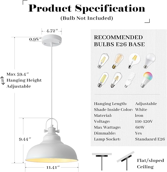 White Pendant Lights, 11.4 Inch White Dome Pendant Lights, Metal Pendant Light Fixture, Industrial Farmhouse Pendant Light 1 Pack, Island Pendant Lights for Kitchen, Dining Room, Bedroom