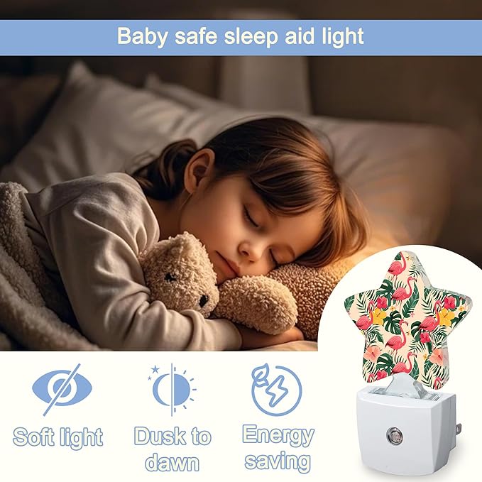 Pink Flamingo Night Lights Plug Into Wall,Tropical Palm Leaf Star Night Light for Kids,Nightlight with Dusk to Dawn Smart Sensor for Bedroom Bathroom Decor,Children Women Men Gift
