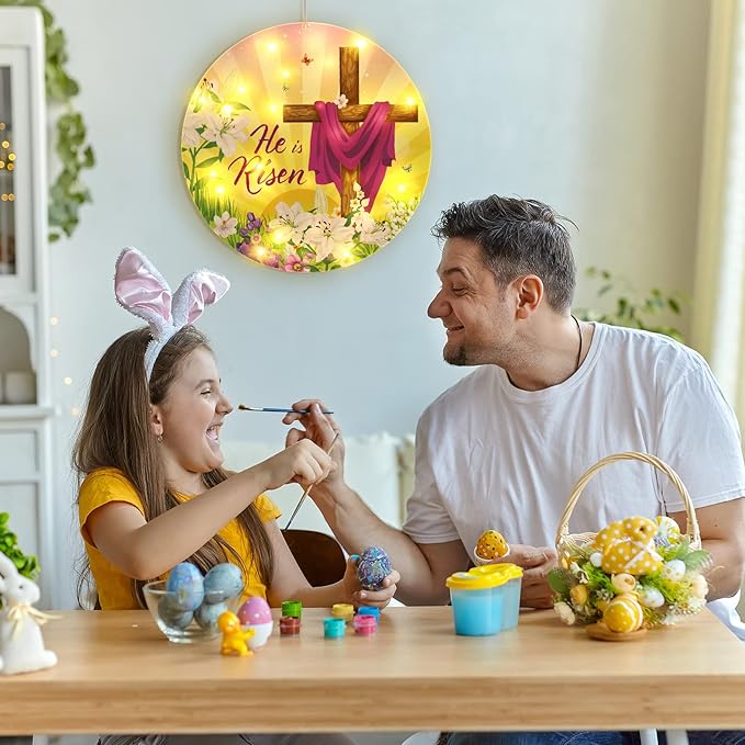 Geelin 11 Inch Easter Window Light He is Risen Decorations Spring Christian Jesus Cross Religious Sign LED Happy Easter Party Supplies for Indoor and Outdoor Farmhouse Wall Decor (Cross)