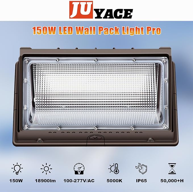 Juyace 150W LED Wall Pack Light with Dusk to Dawn Outdoor Lighting Security Flood Light 5000K 100-277V IP65 Waterproof for Barn Warehouse