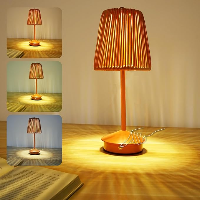 Boho Rattan Table Lamp, Cordless Wicker Woven Vintage Table Lamp - LED Rechargeable Touch Control 3 Color Dimmable Reading Bedside Lamp for Bedroom Living Room Office, Home Outdoor Decor (Brown-2)