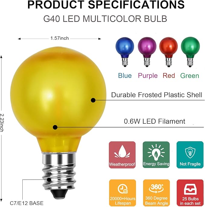 SUNSGNE 25 Pack G40 LED Christmas Replacement Globe Light Bulbs, Colored Christmas Round Lights with E12 Candelabra Base for Outdoor Indoor Decor- Frosted Multicolor- 0.6 Watt