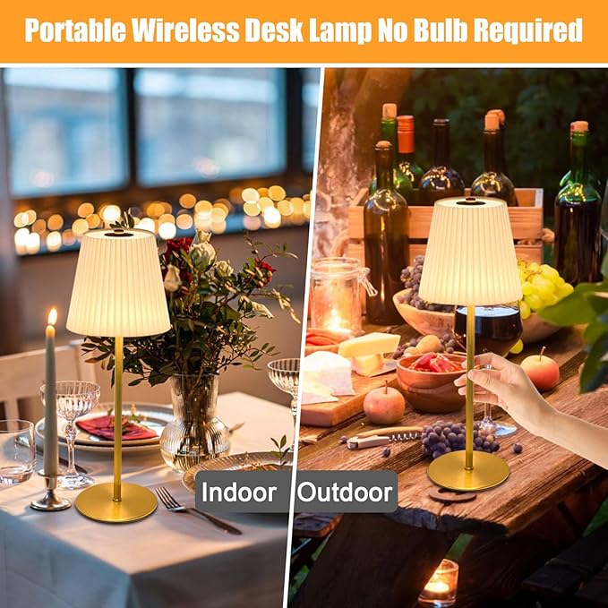 Mini Table Lamp Cordless, 5200mAh LED Mini Lamps Gold Fabric Pleated Shade small Battery Operated Lamp with 3 Colors Stepless Dimming Touch Lamps for /Bedroom/Bars/Outdoor Party/Camping,1 Pack
