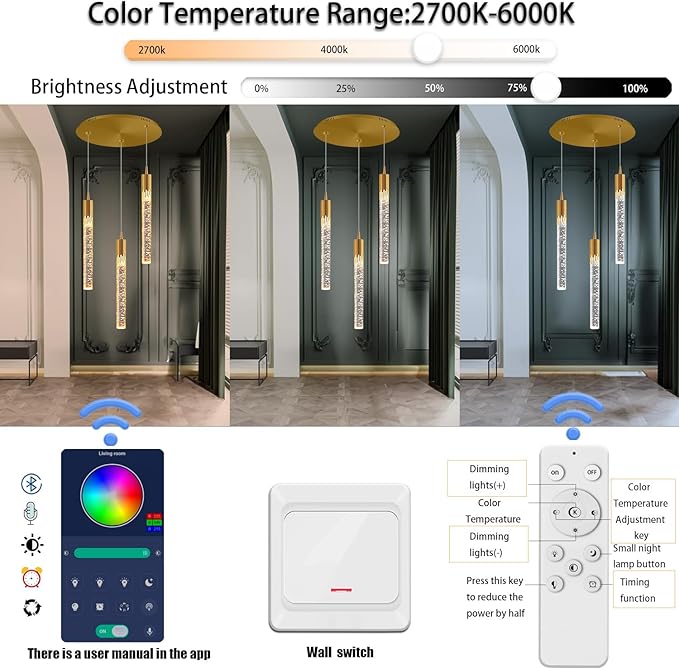 Flashing God Mini Gold Crystal Chandelier Integrated LED Pendant Light for Kitchen Island 3 Light Chandeliers Pendant Lighting with Remote Control