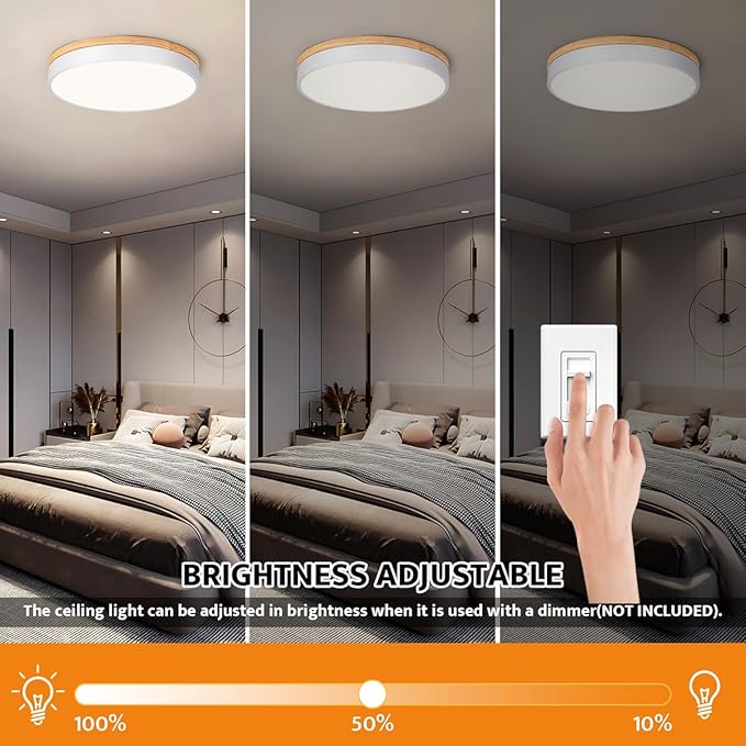 Dimmable Wood LED Flush Mount Ceiling Light, 5CCT 2700K-6000K Modern Round Close to Ceiling Lighting Fixtures, Minimalist White Ceiling Lamp for Living Room, Bedroom, Laundry Room