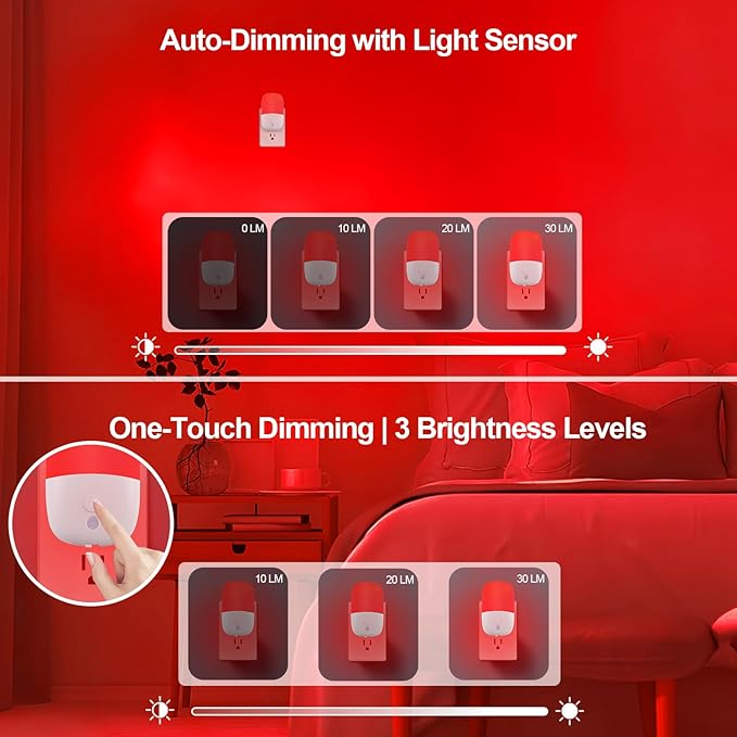670nm Red Night Light with Retractable Plug [3 Pack] - Zero Blue Light, with Dusk to Dawn Sensor - Auto On/Off 0.3W LED Night Light Plug into Wall Pefect for Bedroom,Bathroom,Nursery,Hallway