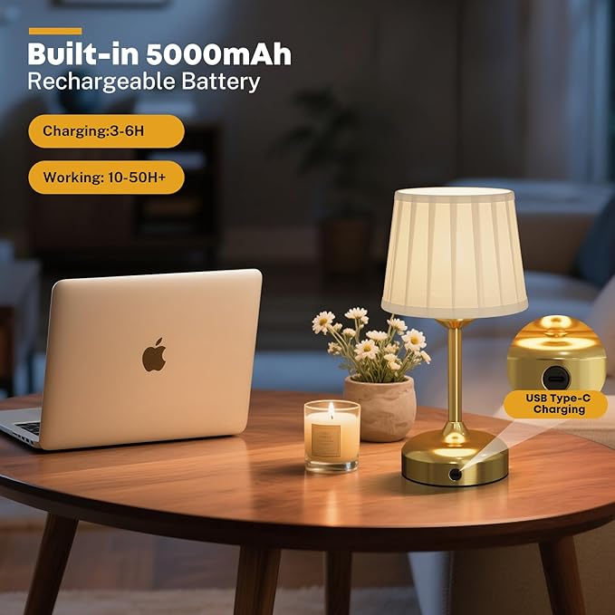 Cordless Table Lamp, Rechargeable Small Desk Lamp Faric Shade 5000mAh Beattery Powered Lamp Touch Stepless Dimmable Bedside Table Lamp for Bedroom, Living Room, Dining Room, Camping Gold