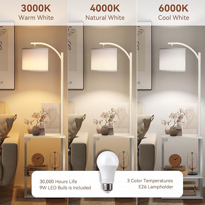 SUNMORY Floor Lamp with Table, End Table for Living Room with Lamp, Shelves Side Table with Charging Station(USB & AC Port), 3 Color Temperature LED Bulb, Modern Nightstand Lamp for Bedroom, Office