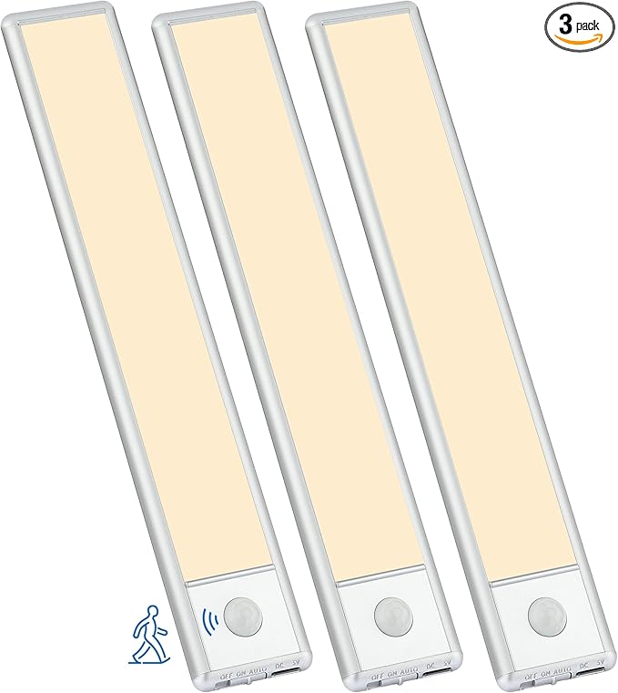 30-LED Motion Sensor Under Cabinet Lighting, 8-inch Magnetic Rechargeable Under Counter Closet Lights, Wireless Light Bar, 3-Pack, Warm White