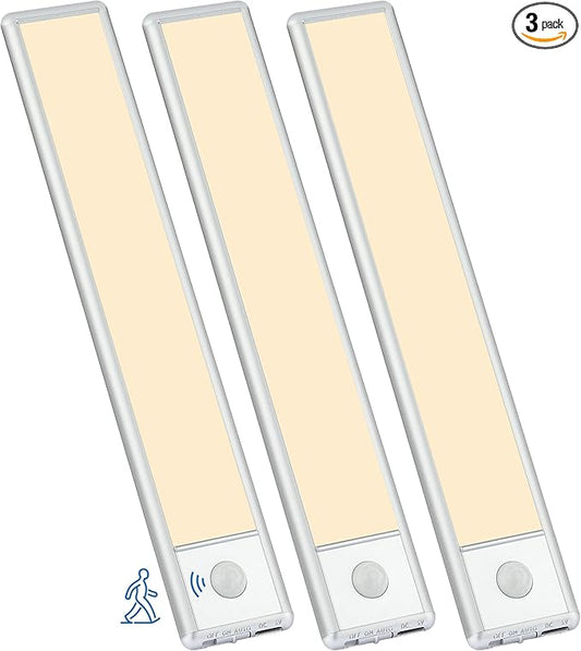 30-LED Motion Sensor Under Cabinet Lighting, 8-inch Magnetic Rechargeable Under Counter Closet Lights, Wireless Light Bar, 3-Pack, Warm White