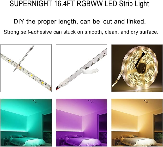 SUPERNIGHT RGBWW LED Strip Light IP65 Waterproof RGB Color Changing Rope Lighting with Warm White 3500K Color 16.4ft 300leds 5050 Tape Light (RGB + Warm White)