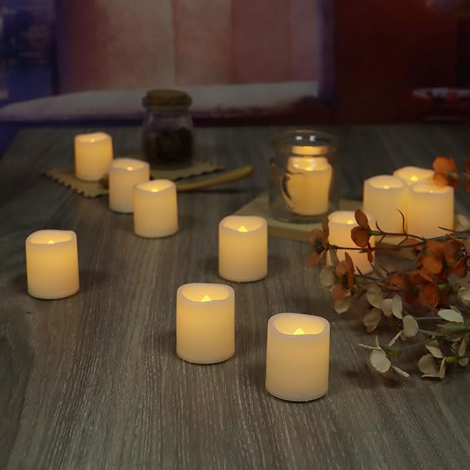 12 Pack Flameless Votive Candles Flickering Electric Fake Candles LED Battery Operated Tea Lights for Home Wedding Decor Party Table Halloween Christmas Decorations, Warm White Glow