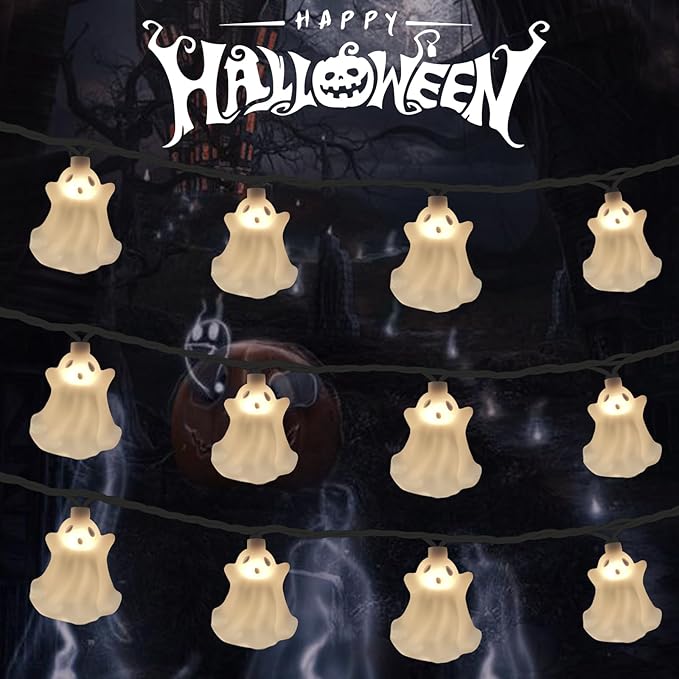 Halloween Ghost String Lights, 8.5Ft Outdoor Halloween Decorations Lights with 10 White Ghosts Lights Waterproof, Hanging Ghosts Fairy Lights UL Listed for Patio Garden Backyard Party Bedroom Window