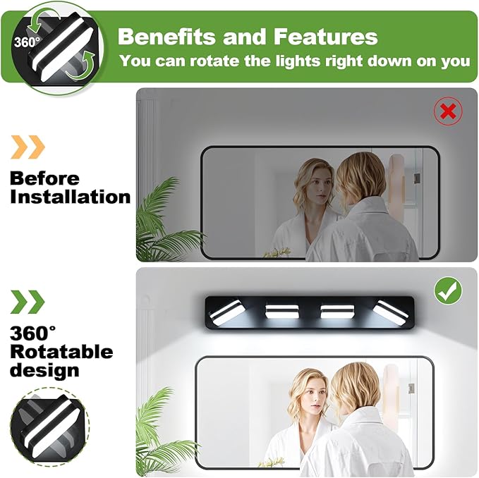 1600LM LED Modern Bathroom Vanity Light Fixtures, 360° Rotate Acrylic Matte Black Vanity Lights for Bathroom, Modern Wall Lighting Fixtures Over Mirror Kitchen Living Room (Natural White Light 5000K)
