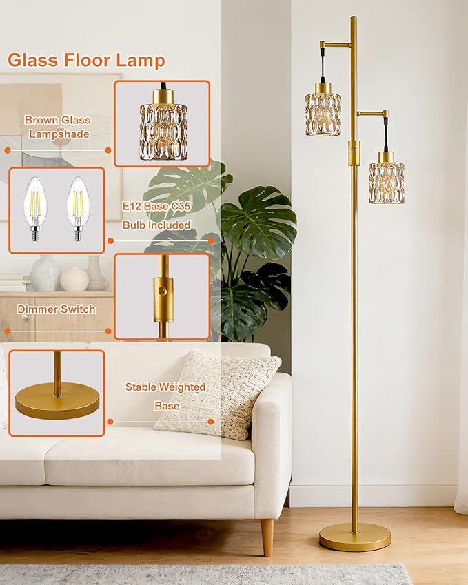 2-Light Gold Floor Lamp, 65IN Tall Standing Lamps Dimmable with Brown Glass Lampshade, 3000K Warmwhite Mid Century Modern Floor Lamp for Living Room/Bedroom