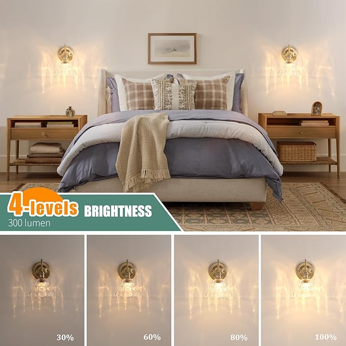 Battery Operated Wall Sconce Set of 2, Vintage Rechargeable Wall Lights with Clear Lily Glass Shade, Wireless Indoor Wall Lamp with Remote for Bedroom Living Room Bathroom