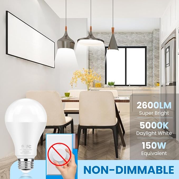 Super Bright LED Light Bulbs, 150 Watt Equivalent, 5000K Daylight White, 2600 High Lumen, E26 Base, Non-Dimmable, A21 19W Energy Efficient Bright White LED Bulbs for Home Office Porch, 2-Pack