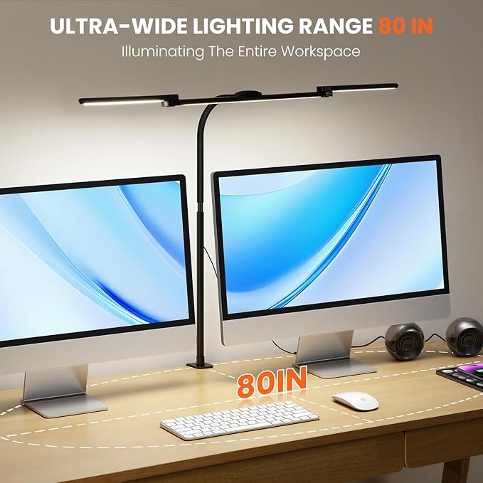 LED Desk Lamp for Office Home, Eye Caring Clip on Desk Light with Clamp, Architect Task Lamp Stepless Dimming, Computer Monitor Table Lamp 3 Head Adjustable Desk Lamp for Reading Study Workbench Black