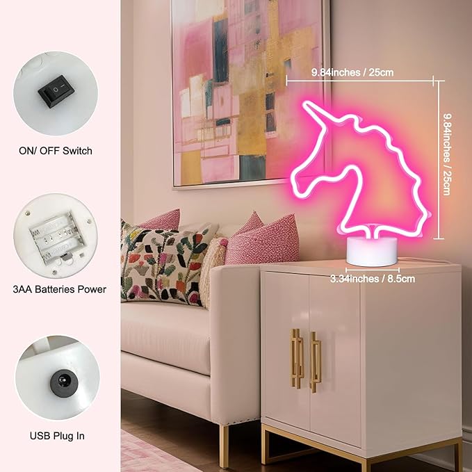 Unicorn Neon Sign with Holder Base, USB & Battery Powered, Pink Unicorn Neon Lights for Girs Room, Table Lamp Decor for Home, Bedroom, Living room, Bar, Office, Party, Christmas, Birthday Gifts