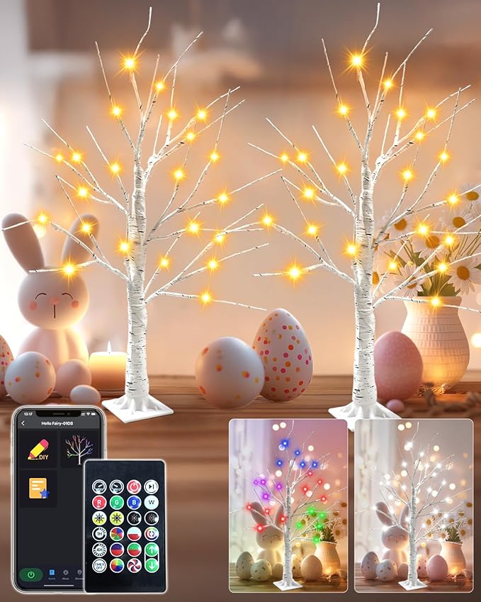 Easter Decorations - Smart RGB Birch Tree 2 Pack, 2FT App Remote Control Color Changing Lighted Spirit Tree, Music Sync Timer LED Fairy Light for Home Indoor Tabletop Centerpiece