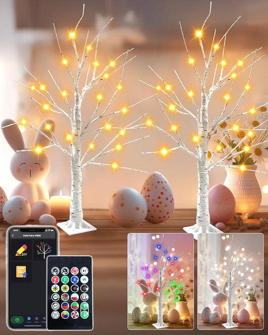 Easter Decorations - Smart RGB Birch Tree 2 Pack, 2FT App Remote Control Color Changing Lighted Spirit Tree, Music Sync Timer LED Fairy Light for Home Indoor Tabletop Centerpiece